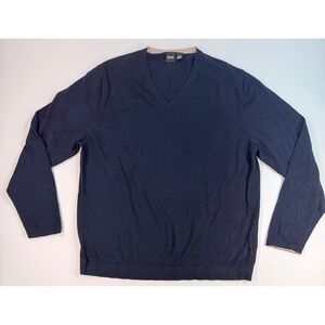 Hugo Boss Mens XL Navy Blue V-Neck Knit Sweater Contrast Trim Long Sleeve
